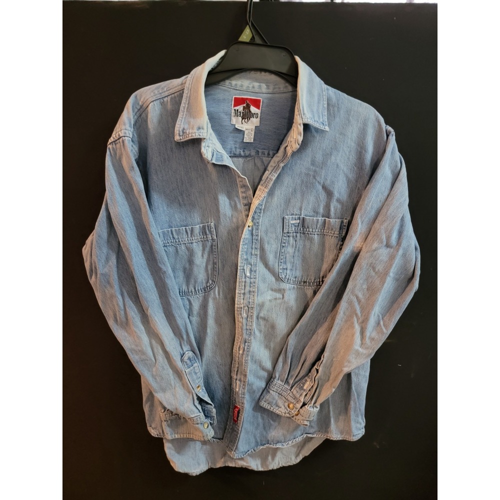Vintage 1990s Marlboro Denim Blue Jean Shirt Long Sleeve Button Mens Size L USA